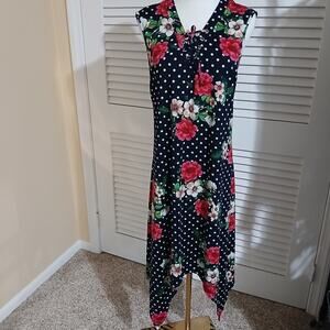 Nina Leonard XXL Floral Handkerchief-Hem sleeveless easy care tie-v neck dress